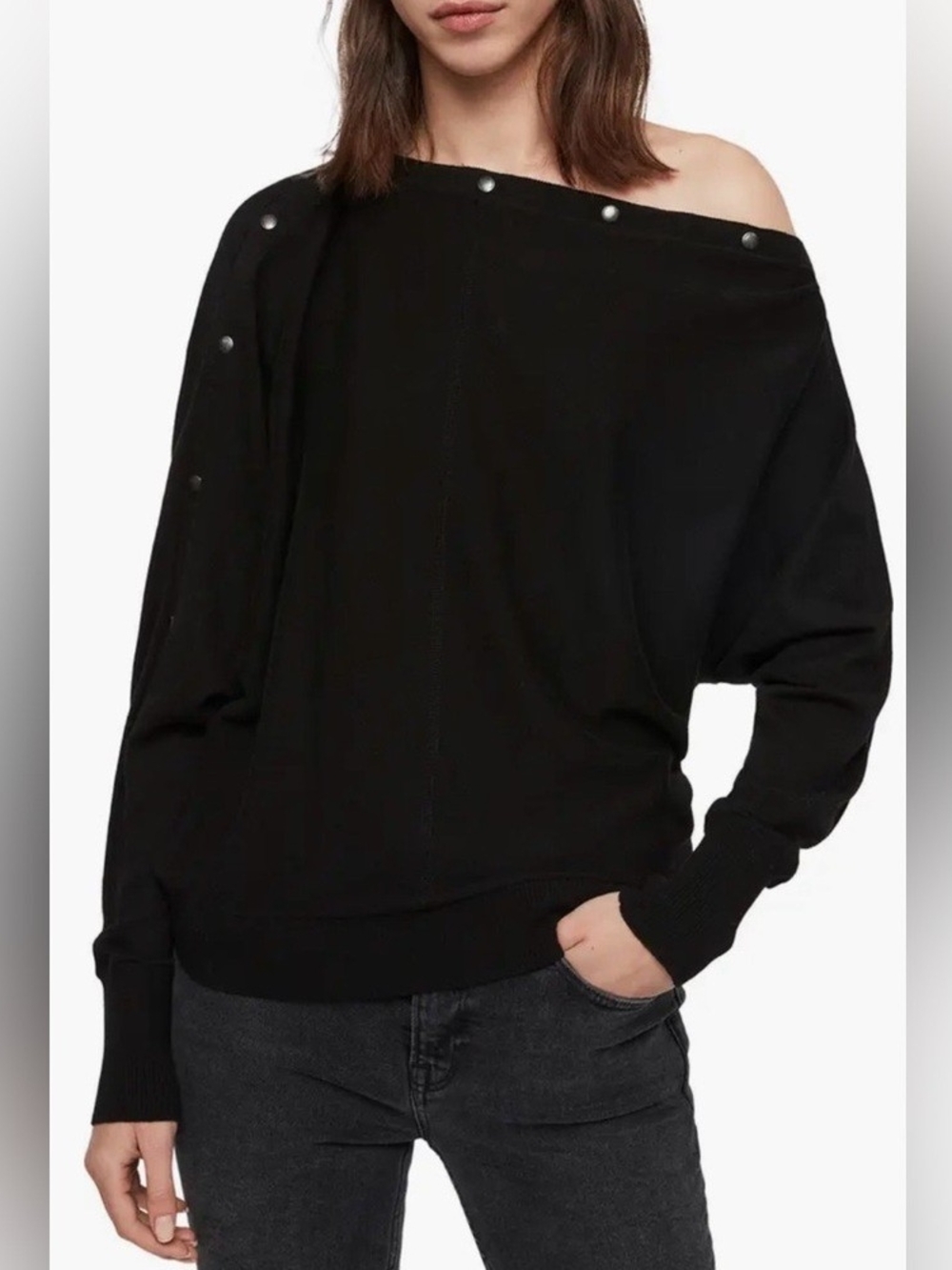 AllSaints Black Off-Shoulder Snap-Trim Sweater